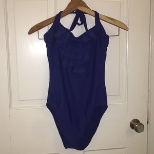 Blue ruffle halter Talbots one piece swimsuit